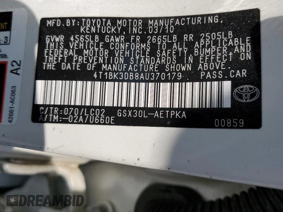 2010 Toyota Avalon XL with VIN 4T1BK3DB8AU370179, listed as a Copart auction lot 54670015 with 186,192 mi miles and Salvage Title. Bid and sale history available at DreamBid. Image 12.