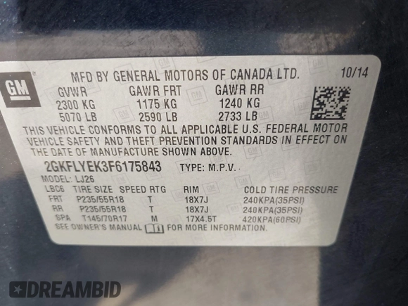 2015 GMC Terrain SLT with VIN 2GKFLYEK3F6175843, listed as a IAAI auction lot 42073470 with 112,782 mi miles and . Bid and sale history available at DreamBid. Image 9.