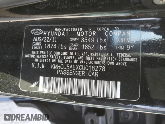 2012 Hyundai Accent SE with VIN KMHCU5AEXCU018278, listed as a Copart auction lot 48282465 with 106,970 mi miles and Salvage Title. Bid and sale history available at carsss.com. Image 12.