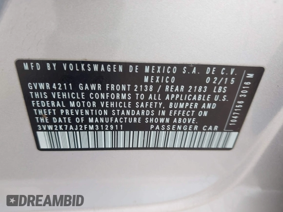 2015 Volkswagen Jetta S with VIN 3VW2K7AJ2FM312911, listed as a IAAI auction lot 42570728 with 94,385 mi miles and . Bid and sale history available at DreamBid. Image 9.