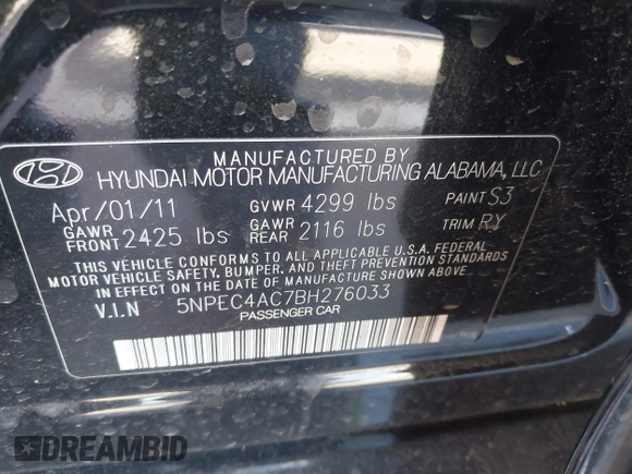 2011 Hyundai Sonata Limited z VIN 5NPEC4AC7BH276033, wystawiony jako IAAI lot #41589174 z przebiegiem 123 012 mil mil oraz . Historia ofert i sprzedaży dostępna na DreamBid. Obrazek 9.