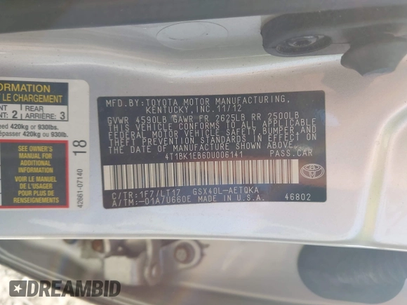 2013 Toyota Avalon XLE with VIN 4T1BK1EB6DU006141, listed as a IAAI auction lot 42080363 with 39,664 mi miles and . Bid and sale history available at DreamBid. Image 9.
