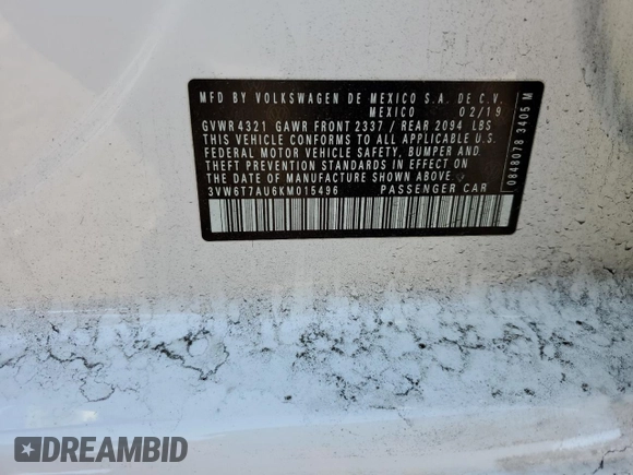 2019 Volkswagen Golf GTI S with VIN 3VW6T7AU6KM015496, listed as a Copart auction lot 46040564 with 49,972 mi miles and Salvage Title. Bid and sale history available at carsss.com. Image 13.