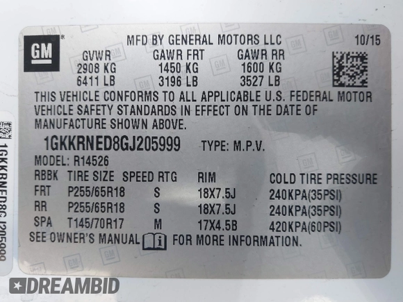 2016 GMC Acadia SLE with VIN 1GKKRNED8GJ205999, listed as a IAAI auction lot 41648295 with 68,906 mi miles and . Bid and sale history available at DreamBid. Image 9.