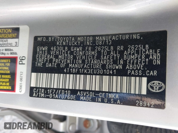 2014 Toyota Camry L with VIN 4T1BF1FK3EU301041, listed as a IAAI auction lot 41858386 with 136,998 mi miles and . Bid and sale history available at DreamBid. Image 9.