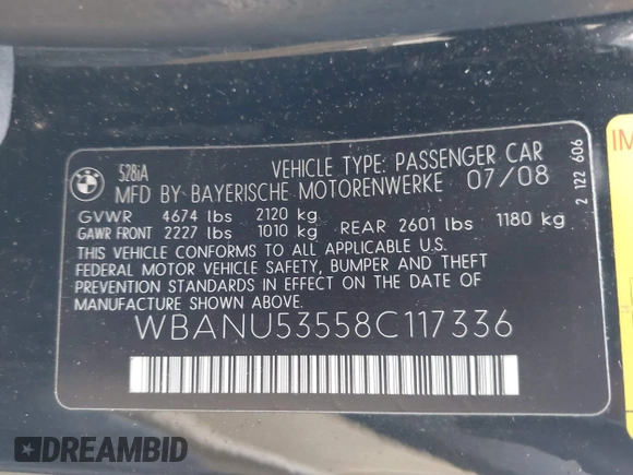 2008 BMW 5 Series 528i with VIN WBANU53558C117336, listed as a IAAI auction lot 42088002 with 127,411 mi miles and . Bid and sale history available at carsss.com. Image 9.