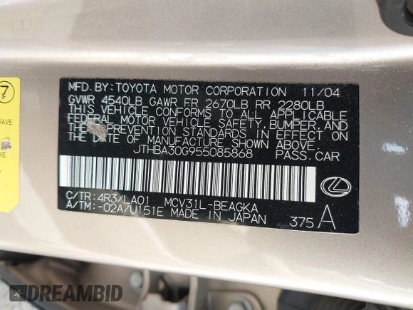 2005 Lexus ES 350 with VIN JTHBA30G955085868, listed as a IAAI auction lot 42586900 with 136,948 mi miles and . Bid and sale history available at DreamBid. Image 9.