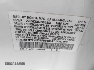 2015 Honda Pilot EX-L with VIN 5FNYF4H51FB010541, listed as a IAAI auction lot 40893246 with 215,295 mi miles and . Bid and sale history available at carsss.com. Image 9.