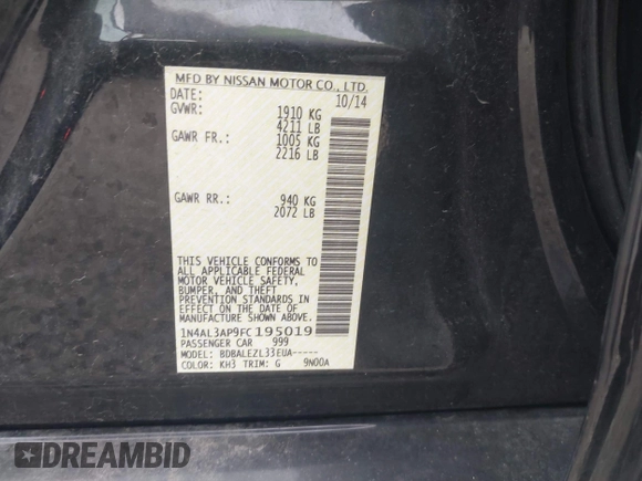 2015 Nissan Altima 2.5 z VIN 1N4AL3AP9FC195019, wystawiony jako IAAI lot #42315205 z przebiegiem 176 402 mil mil oraz . Historia ofert i sprzedaży dostępna na DreamBid. Obrazek 9.