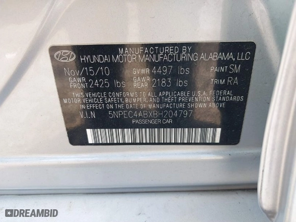 2011 Hyundai Sonata SE with VIN 5NPEC4ABXBH204797, listed as a IAAI auction lot 41655470 with 113,547 mi miles. Bid and sale history available at carsss.com. Image 9.