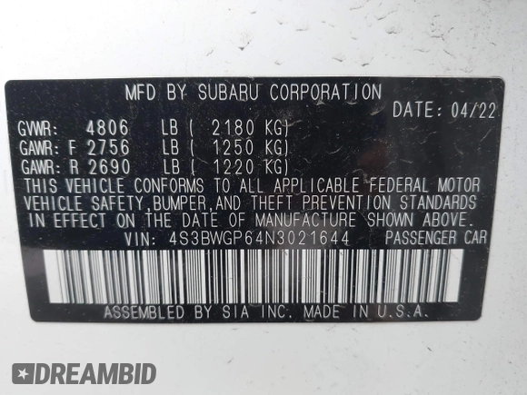 2022 Subaru Legacy Touring XT with VIN 4S3BWGP64N3021644, listed as a IAAI auction lot 42007846 with 31,891 mi miles and . Bid and sale history available at DreamBid. Image 9.