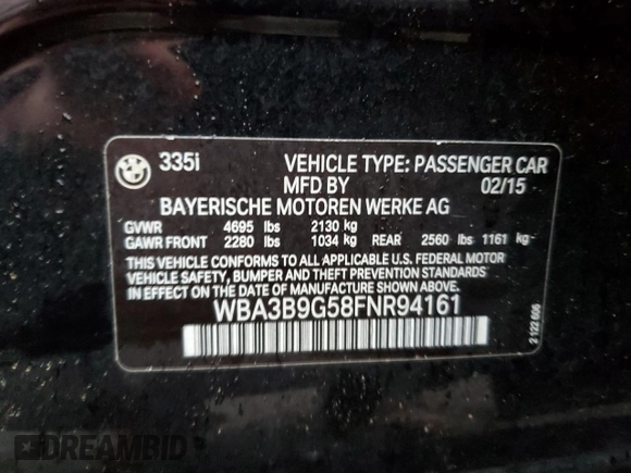 2015 BMW 3 Series 335i xDrive with VIN WBA3B9G58FNR94161, listed as a Copart auction lot 83384804 with 173,208 mi miles and Clean Title. Bid and sale history available at DreamBid. Image 12.