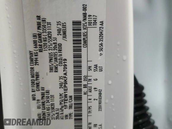 2019 Ford F-150 XL с VIN 1FTEW1EP9KFA70919, выставлен на аукционе Copart как лот 56696865 с пробегом 97 473 миль миль и Чистый • Clean title. История ставок и продаж доступна на DreamBid. Изображение 13.