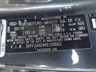 2019 Kia Forte LXS with VIN 3KPF24AD4KE108662, listed as a IAAI auction lot 42328484 with 129,785 mi miles and . Bid and sale history available at DreamBid. Image 9.