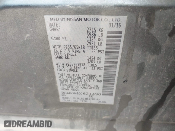 2016 Nissan Pathfinder Platinum with VIN 5N1AR2MN1GC621490, listed as a IAAI auction lot 42410841 with 120,651 mi miles and . Bid and sale history available at DreamBid. Image 9.
