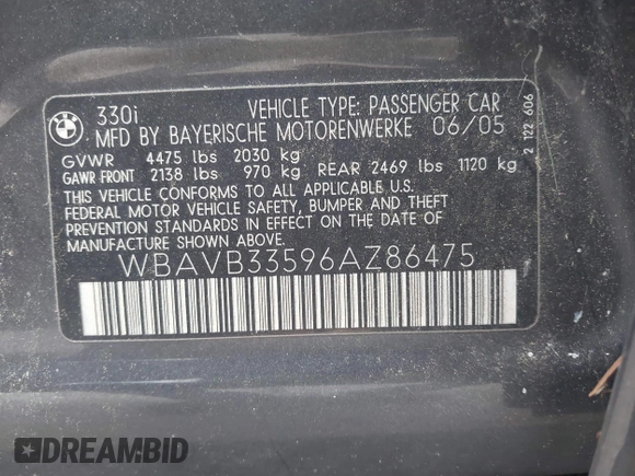 2006 BMW 3 Series 330i with VIN WBAVB33596AZ86475, listed as a IAAI auction lot 42494029 with 86,781 mi miles and . Bid and sale history available at DreamBid. Image 9.