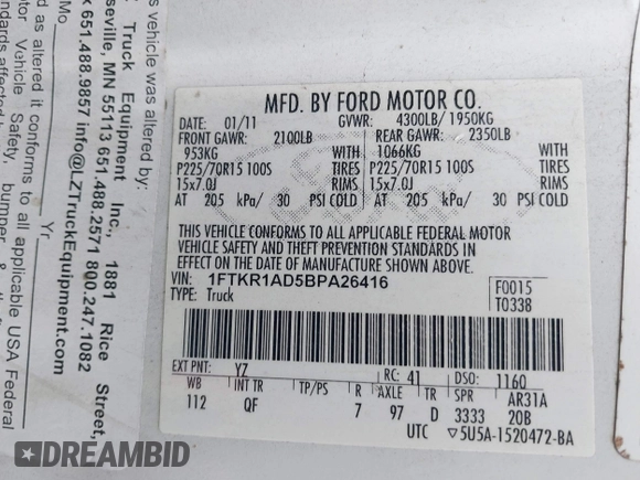 2011 Ford Ranger XL with VIN 1FTKR1AD5BPA26416, listed as a IAAI auction lot 42198401 with 240,592 mi miles. Bid and sale history available at carsss.com. Image 9.