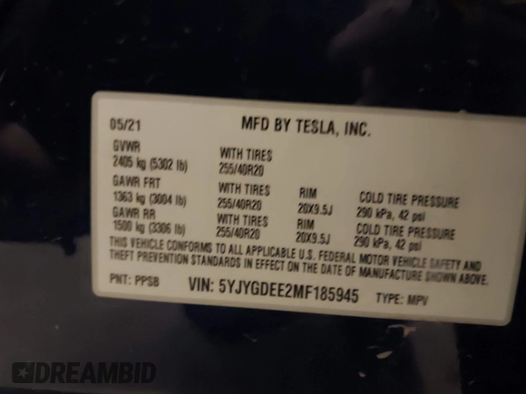2021 Tesla Model Y Long Range with VIN 5YJYGDEE2MF185945, listed as a IAAI auction lot 41599029 with 53,815 mi miles and . Bid and sale history available at DreamBid. Image 9.