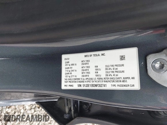 2022 Tesla Model 3 Long Range with VIN 5YJ3E1EB3NF352741, listed as a IAAI auction lot 40847981 with Not Provided miles and . Bid and sale history available at DreamBid. Image 9.
