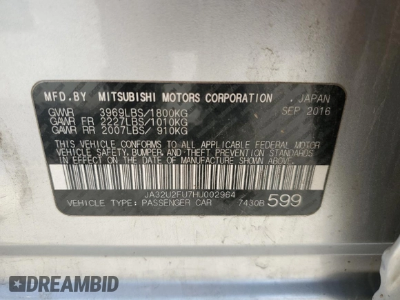 2017 Mitsubishi Lancer ES z VIN JA32U2FU7HU002964, wystawiony jako Copart lot #54686735 z przebiegiem 78 094 mil mil oraz Szkoda całkowita • Salvage title. Historia ofert i sprzedaży dostępna na DreamBid. Obrazek 13.