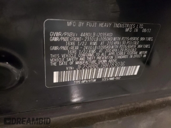 2011 Subaru Forester X with VIN JF2SHBBC7BH783036, listed as a Copart auction lot 49322555 with 176,357 mi miles and Salvage Title. Bid and sale history available at DreamBid. Image 15.