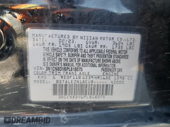 2023 Nissan Versa S with VIN 3N1CN8DV6PL818075, listed as a Copart auction lot 60322735 with 40,067 mi miles and Salvage title. Bid and sale history available at DreamBid. Image 13.