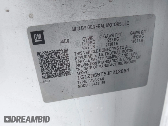 2018 Chevrolet Malibu LT z VIN 1G1ZD5ST5JF213064, wystawiony jako IAAI lot #41445202 z przebiegiem 79 817 mil mil oraz . Historia ofert i sprzedaży dostępna na DreamBid. Obrazek 9.