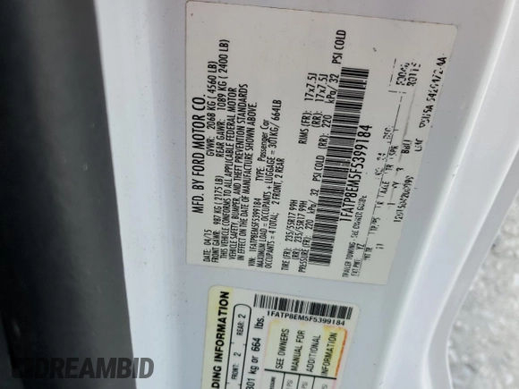 2015 Ford Mustang V6 with VIN 1FATP8EM5F5399184, listed as a Copart auction lot 59179375 with 99,374 mi miles and Salvage title. Bid and sale history available at DreamBid. Image 13.