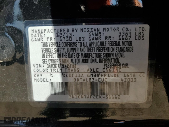 2014 Nissan Versa S with VIN 3N1CN7AP2EK451162, listed as a Copart auction lot 89150645 with 116,321 mi miles and Salvage Title. Bid and sale history available at DreamBid. Image 15.