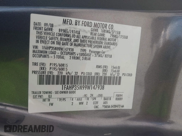 2009 Ford Focus SE with VIN 1FAHP35N99W147938, listed as a IAAI auction lot 41967707 with 48,254 mi miles and . Bid and sale history available at DreamBid. Image 9.