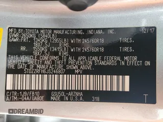 2018 Toyota Highlander LE with VIN 5TDZZRFH6JS246807, listed as a Copart auction lot 52242345 with 116,882 mi miles and Salvage title. Bid and sale history available at DreamBid. Image 12.