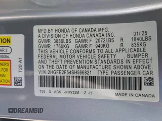 2025 Honda Civic Sedan Sport with VIN 2HGFE2F54SH566821, listed as a IAAI auction lot 41672577 with 430 mi miles. Bid and sale history available at carsss.com. Image 9.
