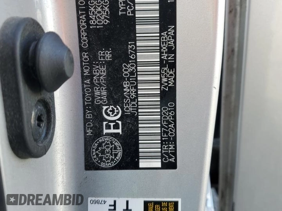 2020 Toyota Prius LE with VIN JTDL9RFU1L3016731, listed as a Copart auction lot 49089155 with 95,568 mi miles and Salvage Title. Bid and sale history available at DreamBid. Image 13.