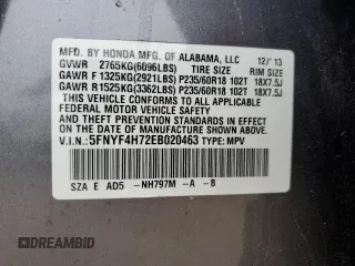 2014 Honda Pilot EX-L with VIN 5FNYF4H72EB020463, listed as a Copart auction lot 59152405 with 132,679 mi miles and Salvage title. Bid and sale history available at DreamBid. Image 13.