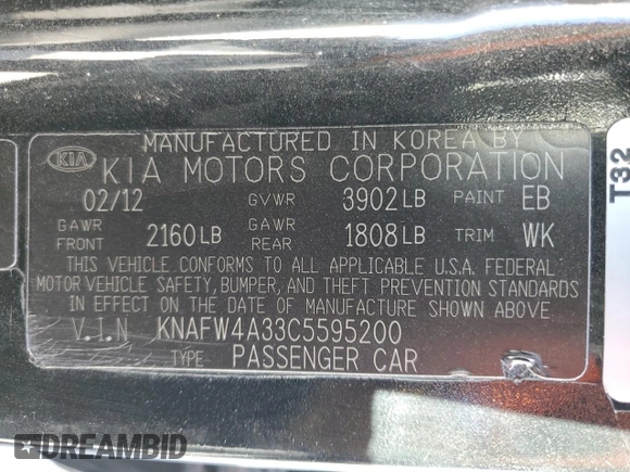 2012 Kia Forte SX with VIN KNAFW4A33C5595200, listed as a Copart auction lot 43067825 with 147,022 mi miles and Salvage Title. Bid and sale history available at carsss.com. Image 12.