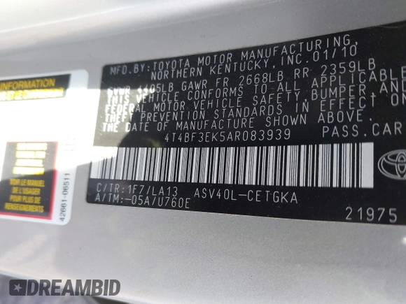 2010 Toyota Camry with VIN 4T4BF3EK5AR083939, listed as a IAAI auction lot 41882869 with 124,405 mi miles and . Bid and sale history available at DreamBid. Image 9.