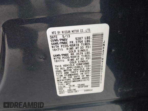 2013 Nissan Murano SV with VIN JN8AZ1MW2DW318272, listed as a IAAI auction lot 41813800 with 90,744 mi miles. Bid and sale history available at carsss.com. Image 9.