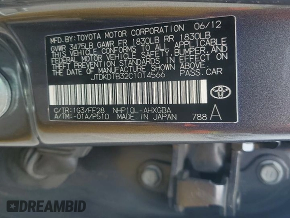 2012 Toyota Prius One z VIN JTDKDTB32C1014566, wystawiony jako Copart lot #55627125 z przebiegiem 173 143 mil mil oraz Szkoda całkowita • Salvage title. Historia ofert i sprzedaży dostępna na DreamBid. Obrazek 13.