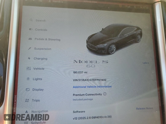 2013 Tesla Model S with VIN 5YJSA1CG7DFP07432, listed as a Copart auction lot 59695375 with 180,037 mi miles and Salvage title. Bid and sale history available at DreamBid. Image 9.