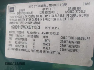 1999 Oldsmobile Bravada z VIN 1GHDT13W7X2711363, wystawiony jako IAAI lot #41294782 z przebiegiem 198 508 mil mil oraz . Historia ofert i sprzedaży dostępna na DreamBid. Obrazek 9.