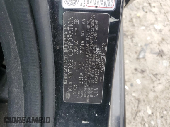 2009 Kia Spectra EX with VIN KNAFE221395026165, listed as a Copart auction lot 73715994 with 245,813 mi miles and Salvage Title. Bid and sale history available at carsss.com. Image 14.
