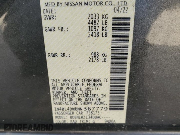 2022 Nissan Altima SV with VIN 1N4BL4DW6NN367779, listed as a Copart auction lot 46470605 with 42,142 mi miles and Salvage Title. Bid and sale history available at DreamBid. Image 12.