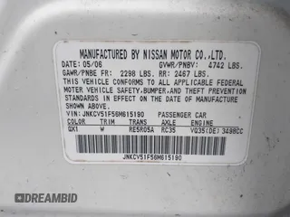 2006 Infiniti G35 z VIN JNKCV51F56M615190, wystawiony jako IAAI lot #42380623 z przebiegiem Nie podano mil oraz . Historia ofert i sprzedaży dostępna na DreamBid. Obrazek 9.