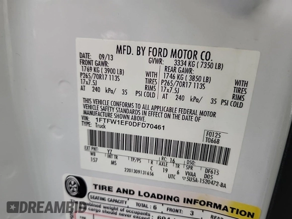 2013 Ford F-150 XL with VIN 1FTFW1EF0DFD70461, listed as a IAAI auction lot 42829299 with 143,538 mi miles and . Bid and sale history available at DreamBid. Image 25.
