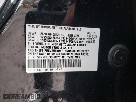 2017 Honda Pilot Touring with VIN 5FNYF6H90HB028112, listed as a Copart auction lot 52197645 with 218,944 mi miles and Salvage Title. Bid and sale history available at DreamBid. Image 13.