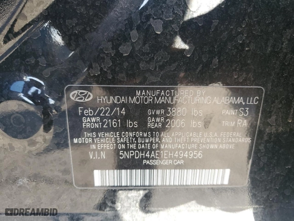 2014 Hyundai Elantra Limited with VIN 5NPDH4AE1EH494956, listed as a Copart auction lot 43172735 with 66,312 mi miles and Salvage Title. Bid and sale history available at carsss.com. Image 12.
