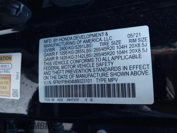 2021 Honda Passport Elite z VIN 5FNYF8H04MB023101, wystawiony jako IAAI lot #41559545 z przebiegiem Nie podano mil oraz . Historia ofert i sprzedaży dostępna na DreamBid. Obrazek 9.