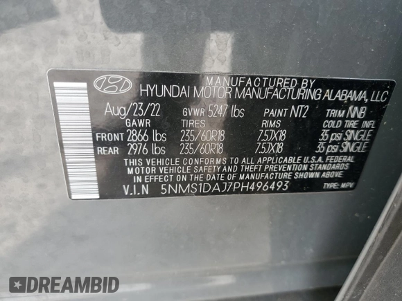 2023 Hyundai Santa Fe SE with VIN 5NMS1DAJ7PH496493, listed as a Copart auction lot 52546325 with 32,873 mi miles and Salvage title. Bid and sale history available at DreamBid. Image 12.