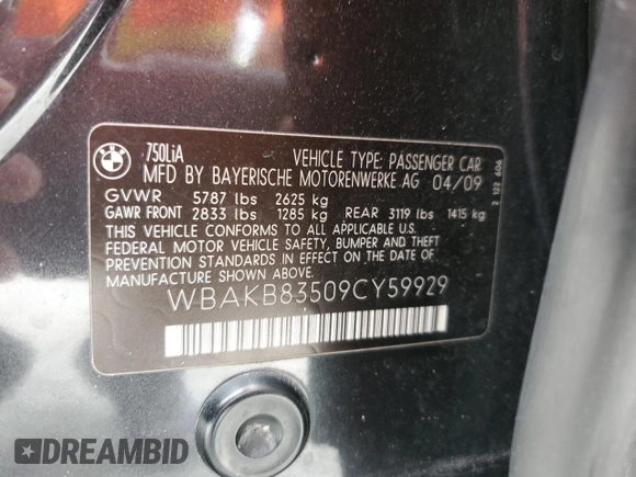 2009 BMW 7 Series 750Li with VIN WBAKB83509CY59929, listed as a Copart auction lot 45330245 with 117,156 mi miles and Salvage Title. Bid and sale history available at DreamBid. Image 12.