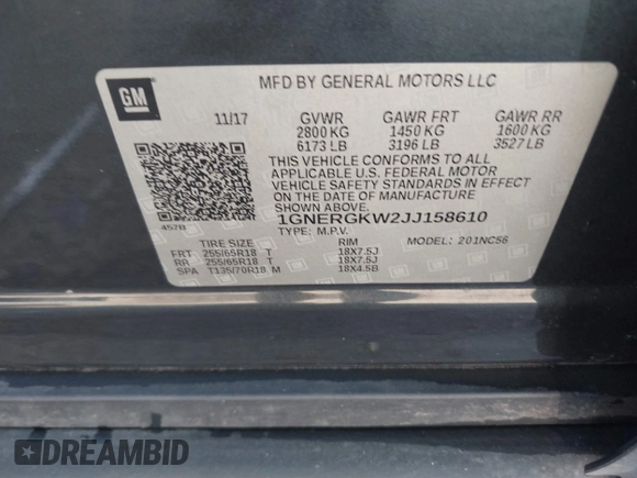 2018 Chevrolet Traverse LT Cloth with VIN 1GNERGKW2JJ158610, listed as a IAAI auction lot 41766502 with 145,200 mi miles. Bid and sale history available at carsss.com. Image 9.